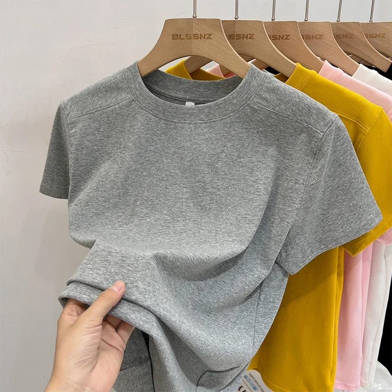 지아이스 솔리드 베이직 반팔 여성 티셔츠 2025 캐주얼 루즈 O넥 패션 탑 티셔츠 여성 한국 티셔츠 스트릿웨어