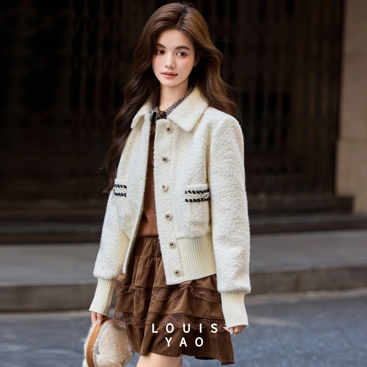 LOUISYAO Retro Textured Plush Cardigan Women 2025 Autumn Winter Turn Down Collar Thick Casual Streetwear Outerwear Coat New In