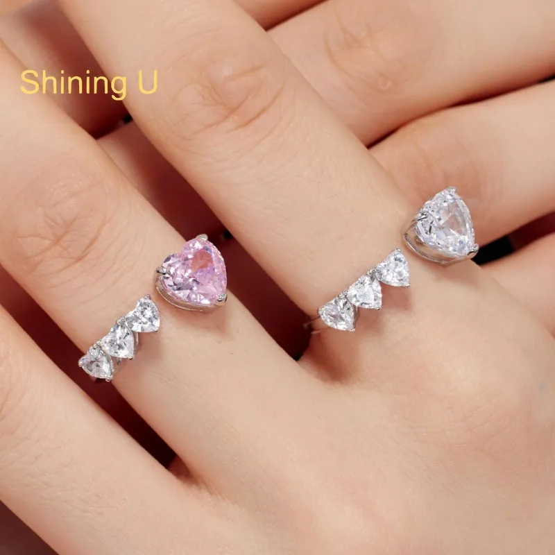 

Shining U S925 Silver High Carbon Daimond Gems Heart Open Ring for Women Fine Jewelry Party
