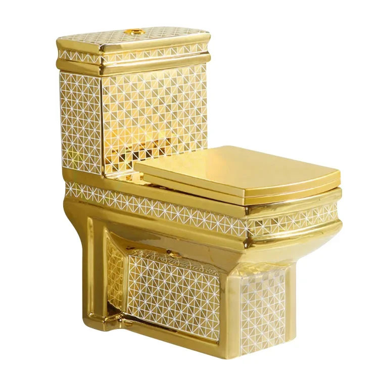 Modern Square Shape Gold Color Toilet Sanitary Luxury Bathroom Ceramic Commode WC One Piece Structure for Hotels