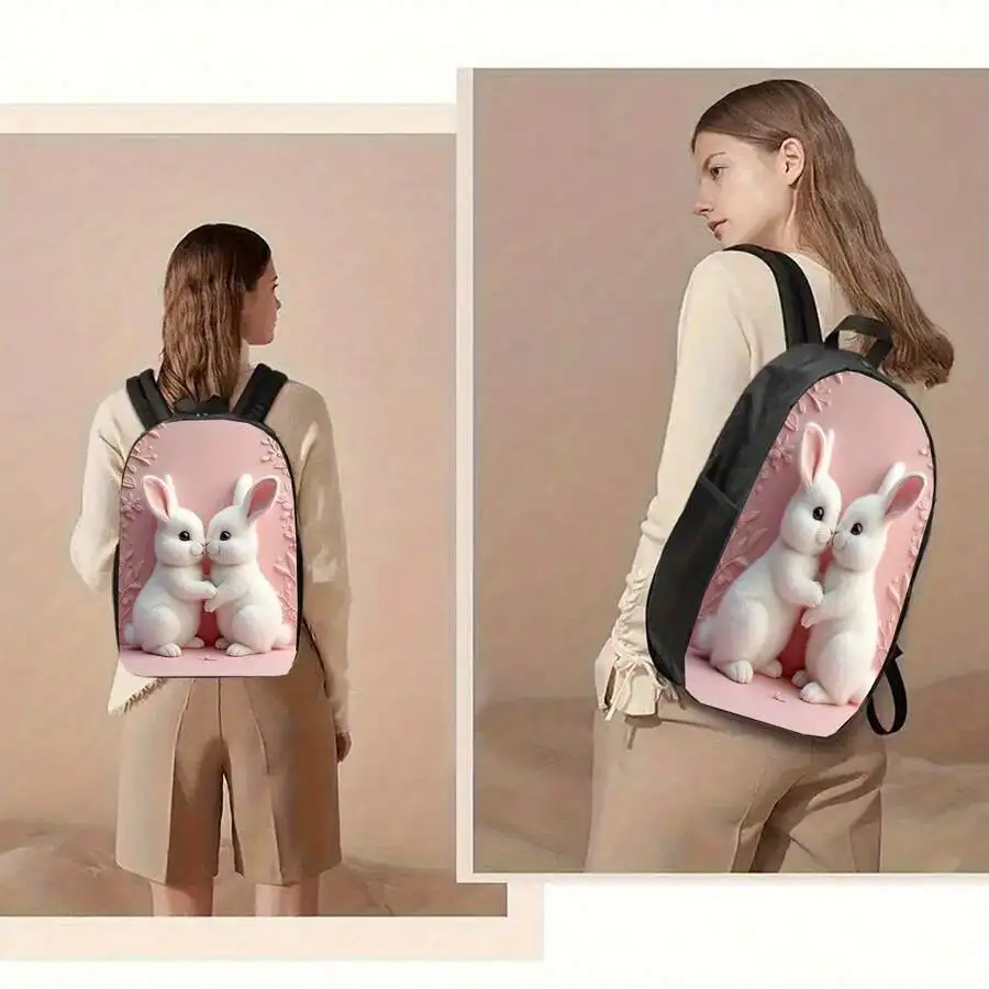 

Cartoon Rabbit Backpack 17 Inch Casual Laptop Bag With Water Bottle Holder Lightweight Durable Unisex