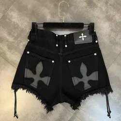 2023 European and American Lace Ragged Cross Pattern Sweet Cool Dark Black Denim Shorts Women Wear Large, Fat, mm Style Outside