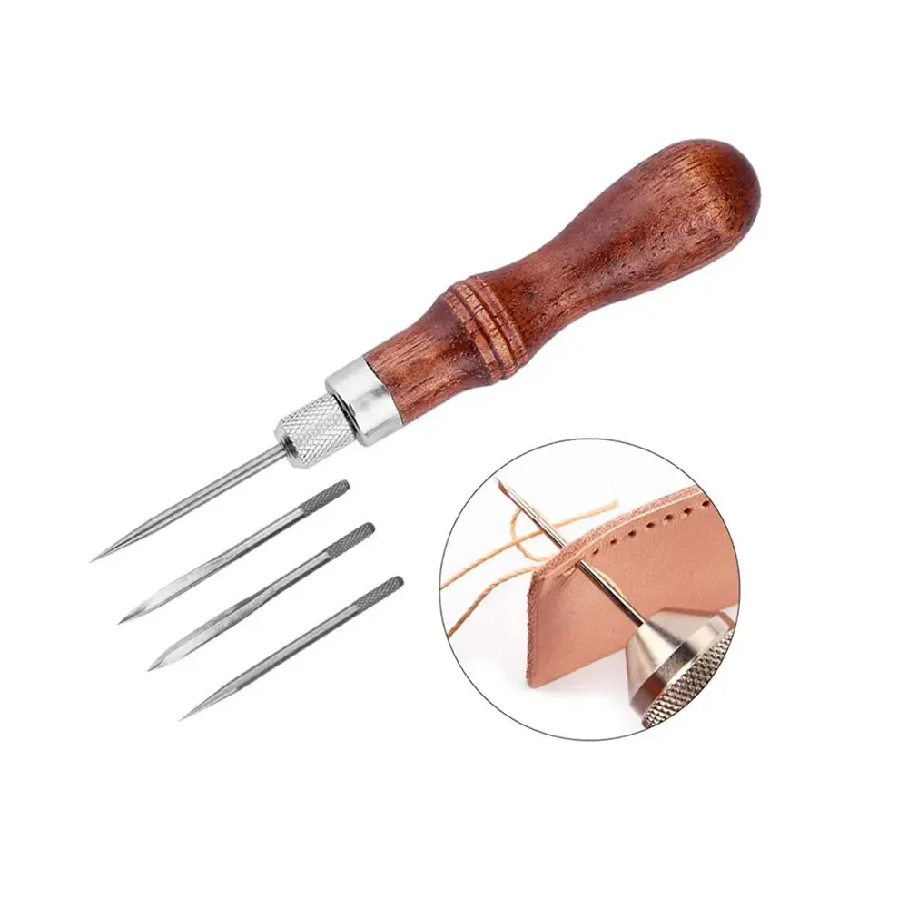 1set 4 in 1 DIY Wood Handle Leather Stitching Awl Canvas Leathercraft Sewing Scratch Needle Kit Bag Leather Shoes Sewing Tools