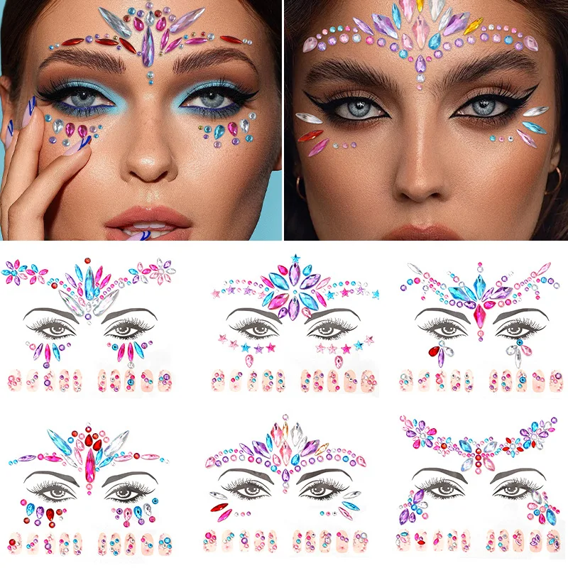 6/12pcs/EDM Face Stickers, Nail Stickers, 2-in-1 Diamond Stickers, Eyebrow Center Stickers, Makeup Ball Stickers, Face Accessori