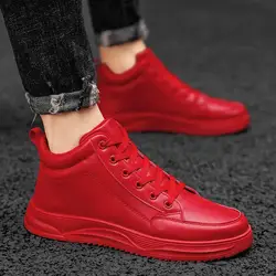 Luxury Men's Red High Top Sneakers PU Leather Casual Shoes Men Flat Designer Shoes Breathable Hip Hop Sport Shoes for Man