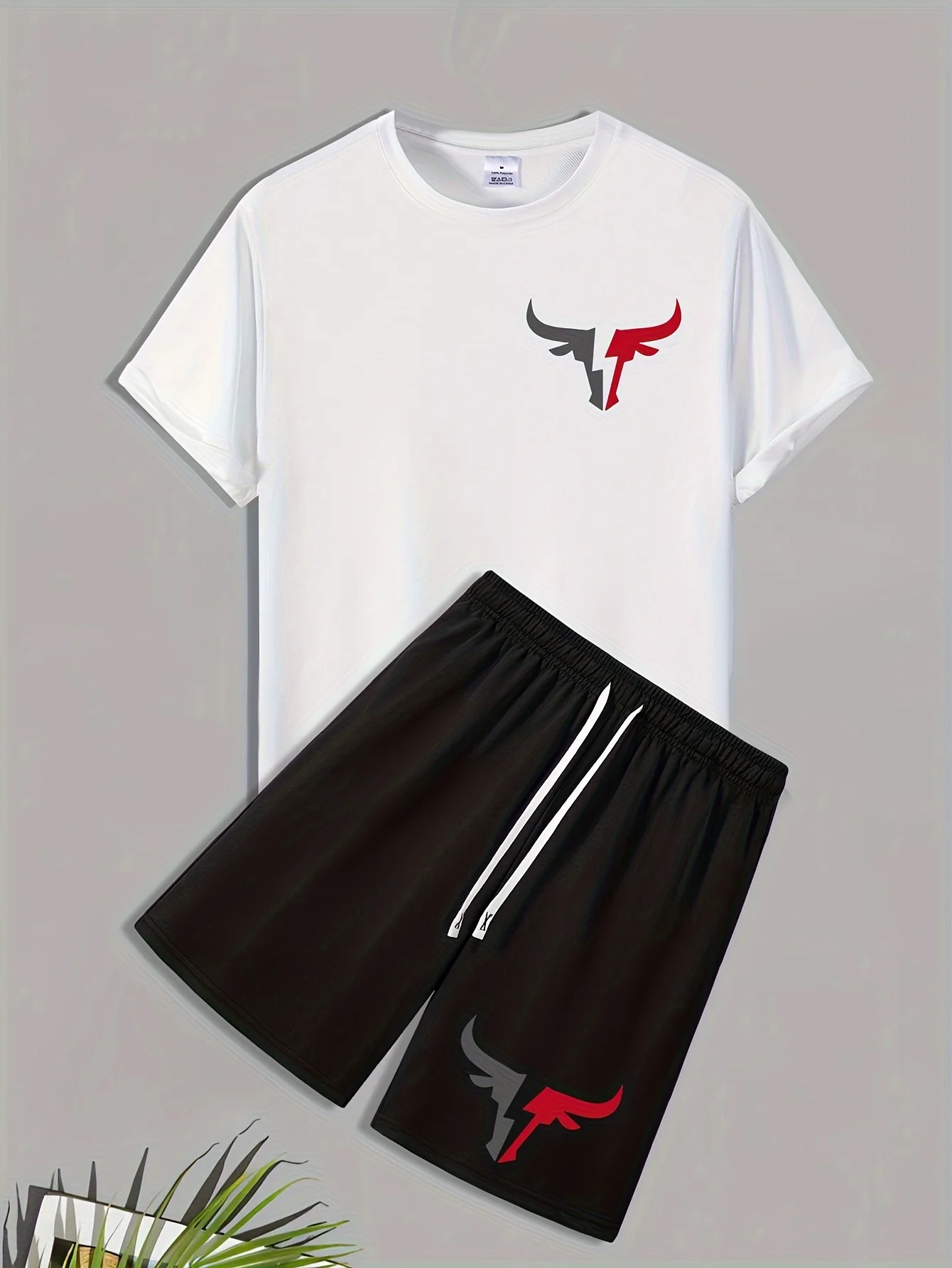 Men's 100 cotton summer casual loose bull pattern printed round neck short sleeved T-shirt five piece pants two-piece set
