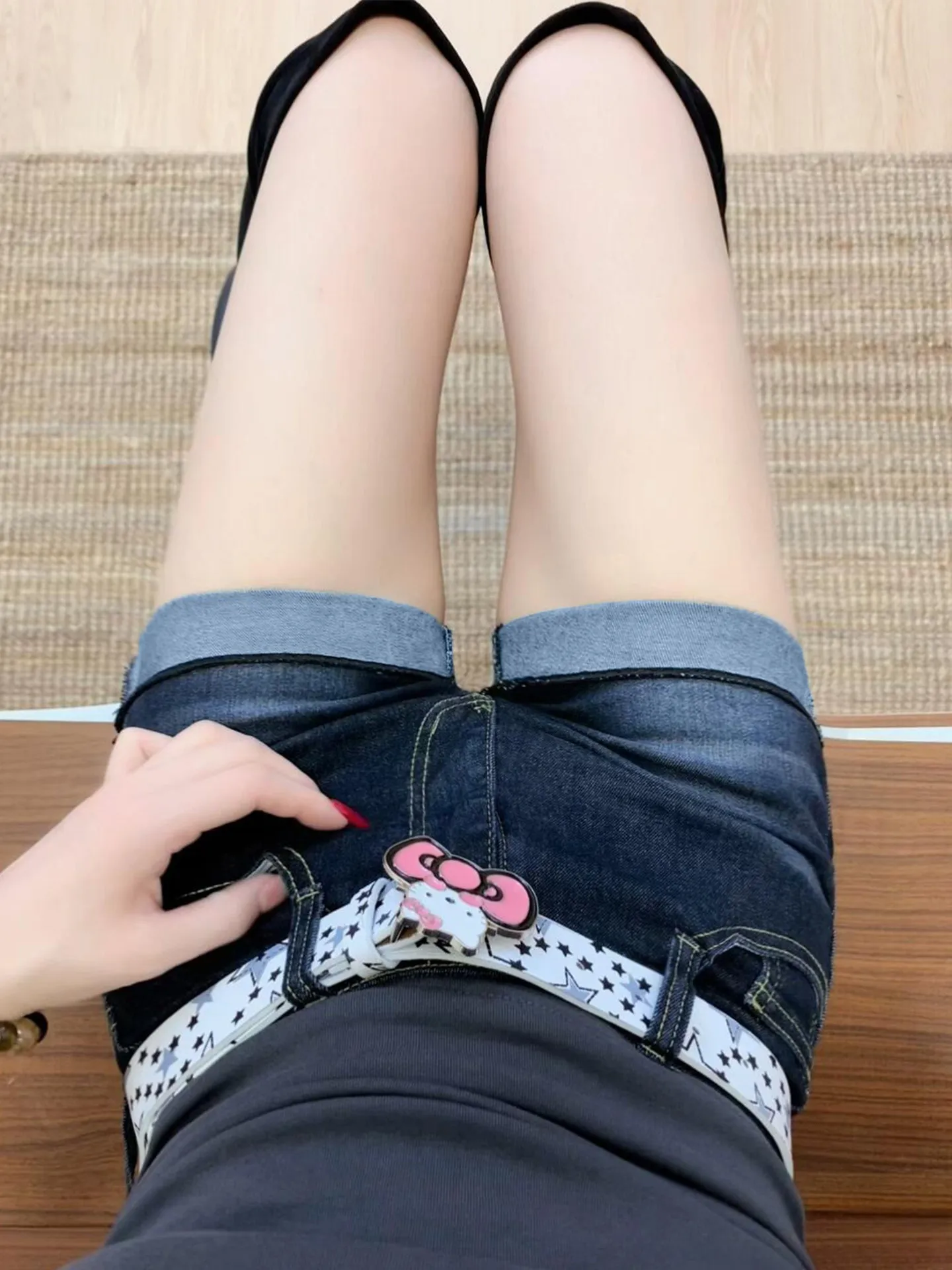 Deep Blue High Waist Cuffed Skinny Jeans Shorts Women Summer Thin Model Hip Covering Sexy Hot Pants Straight Leg Pocket Detail