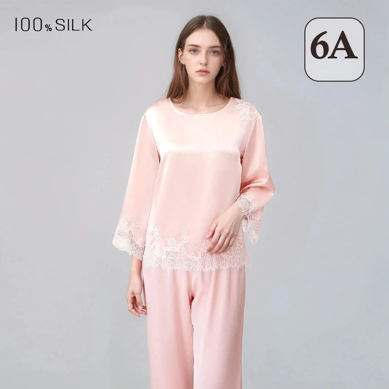 Women 19 Momme 100% Mulberry Silk Pajama Set Crew Neck Long Sleeve Sleepwear Bridal Party Gift Two Piece