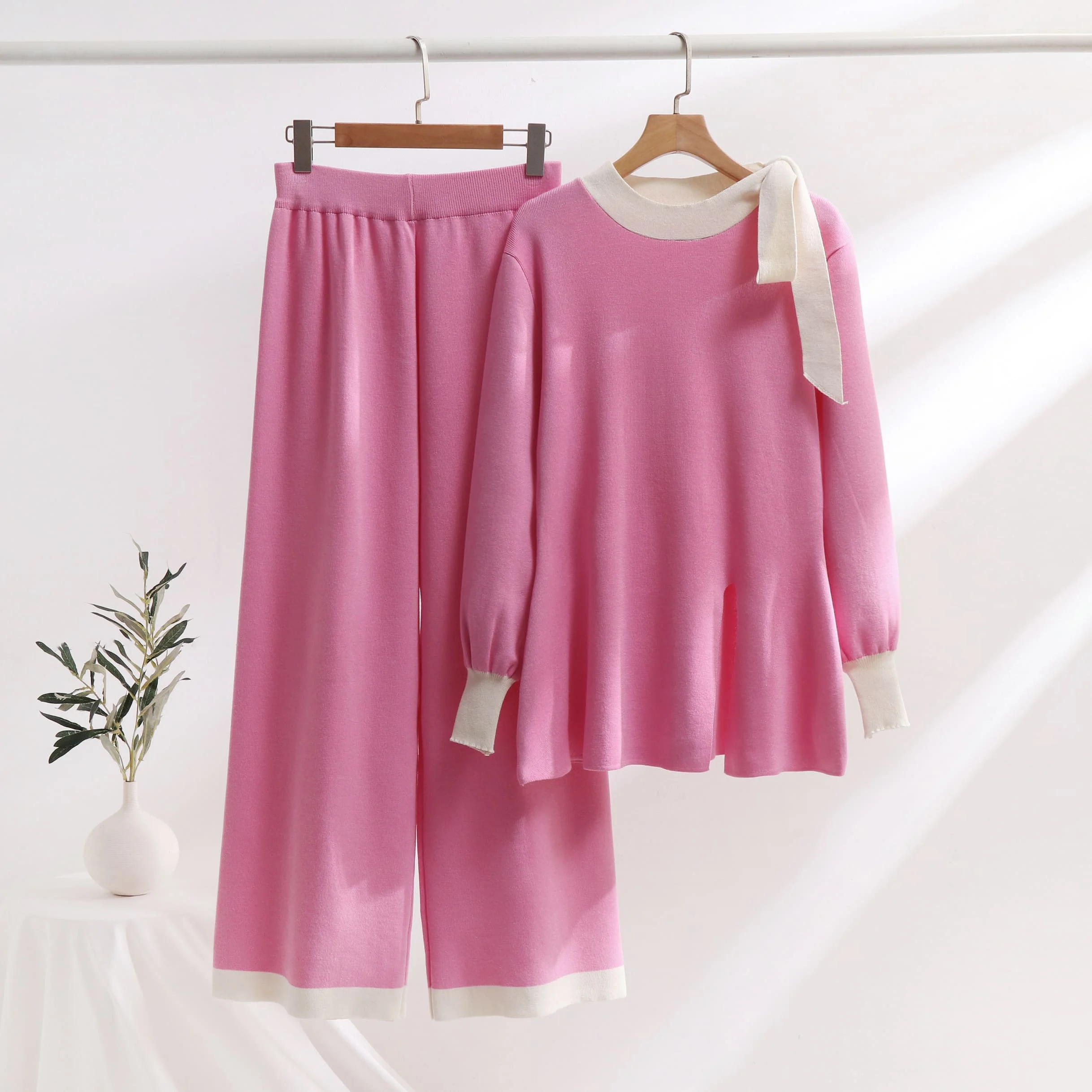 Elegant Bow O-Neck Front Slit Pullover Long Sleeve Sweater+Wide Leg Pants 2 Piece Sets Womens Autumn Solid Casual Sweatshirts