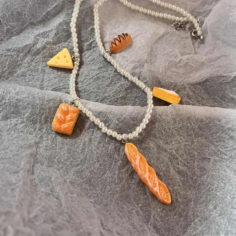 Creative Stick Bread Cheese Colorful Beads Choker Necklace for Women Cute Fun Aesthetic Accessories 2023 Trending Jewelry Gift