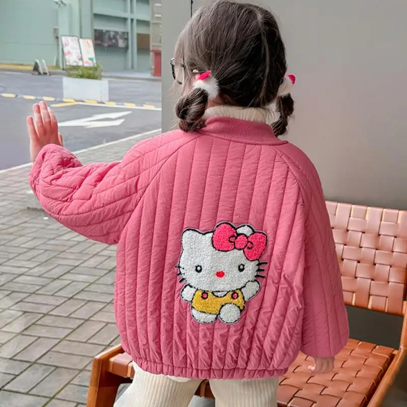 

Hello Kitty Girls' Cartoon Thick Cotton Jacket Set 2025 Autumn Winter New Children's Kawaii Anime Fashion Sweet Soft Warm Coat