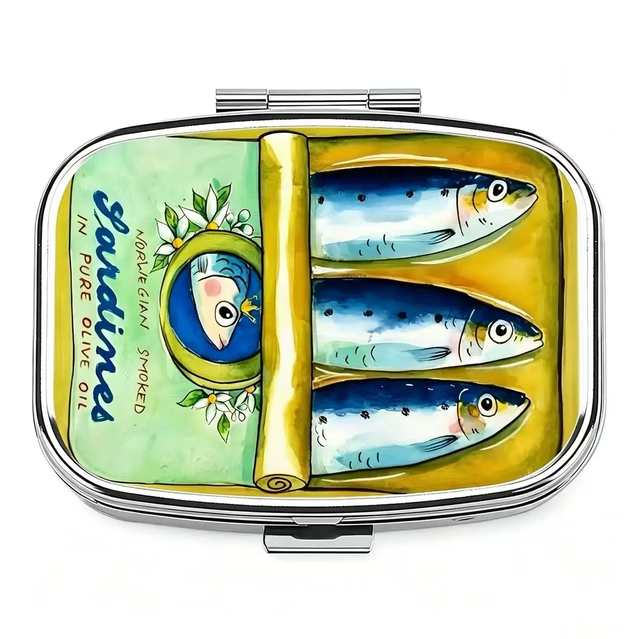 2 Compartments Metal Pill Box, Vintage Sardine Fish Can Print Portable Pocket Pill Case, Mini Travel Medicine Storage Container