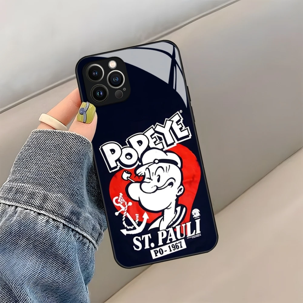 Popeye-funda de teléfono de espinaca para iPhone 14 Pro Max 15 Pro 12 11 13 Mini X XR XS 8 7 6 Plus SE, cubierta trasera de vidrio templado