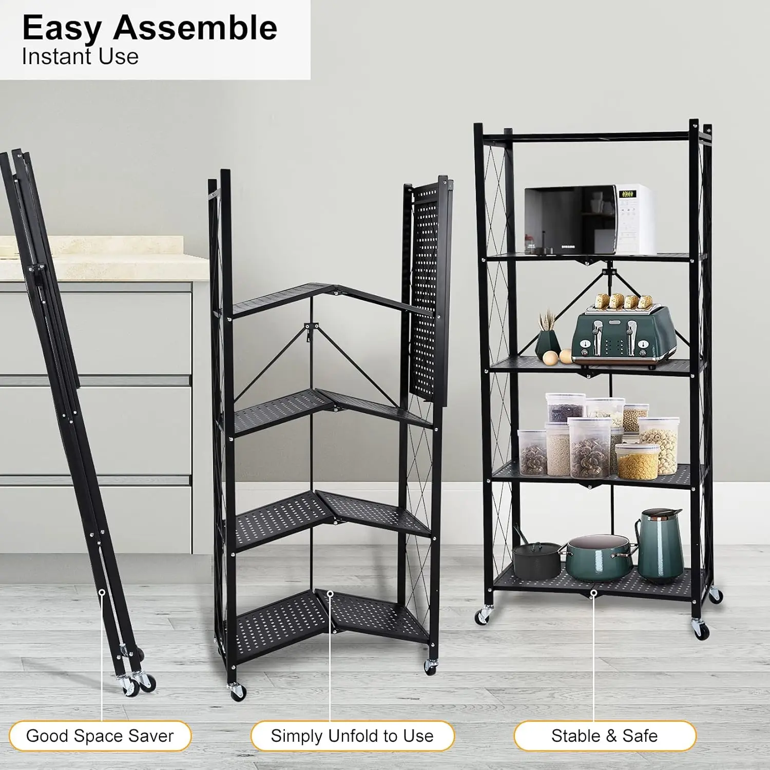 Heavy Duty 5-Tier Foldable Metal Rack Storage Shelving Unit 1250 lbs with Wheels Moving Organizer Shelves for Garage Kitchen