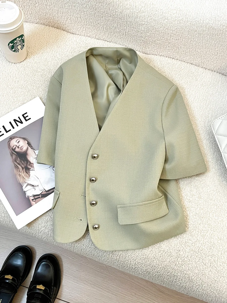 Spring and Summer Clothes Women's 2024 Casual Green Jacket Short Sleeve Coat Crop Blazers