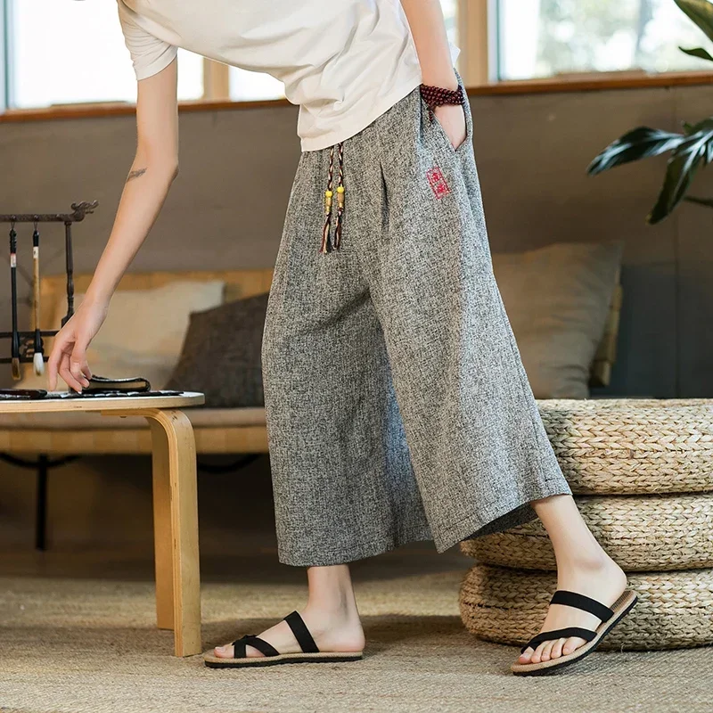 Japanese Kimono Traditional Shorts Men Asian Clothing Bath Pant Casual Loose Mens Japan Style Yukata Linen Wide Leg Trousers