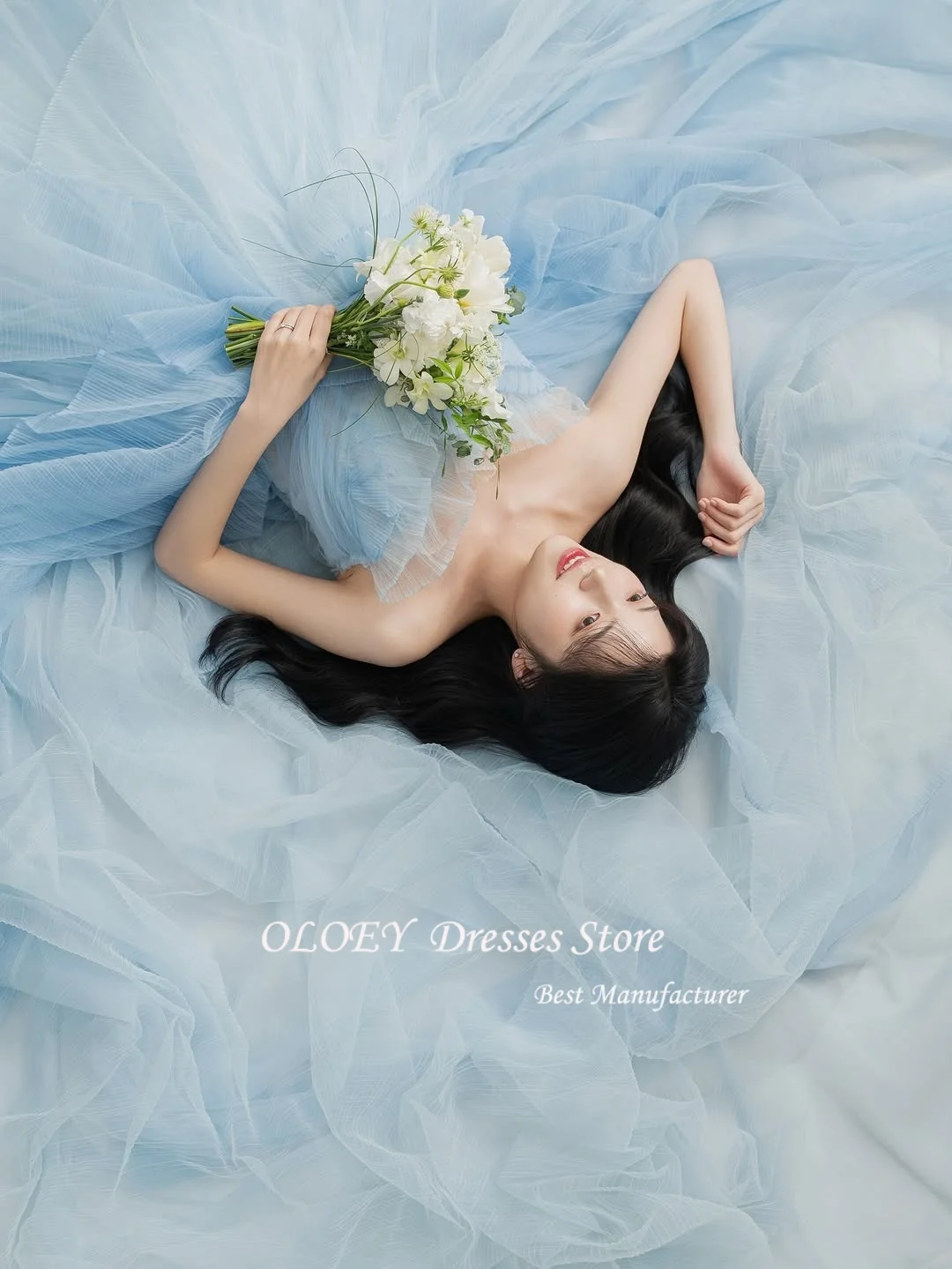 OLOEY 요정 튤 블루 이브닝 드레스 한국 사진 촬영용 스트랩리스 웨딩 파티 드레스 바닥 길이 코르셋 드레스 맞춤 제작 2025