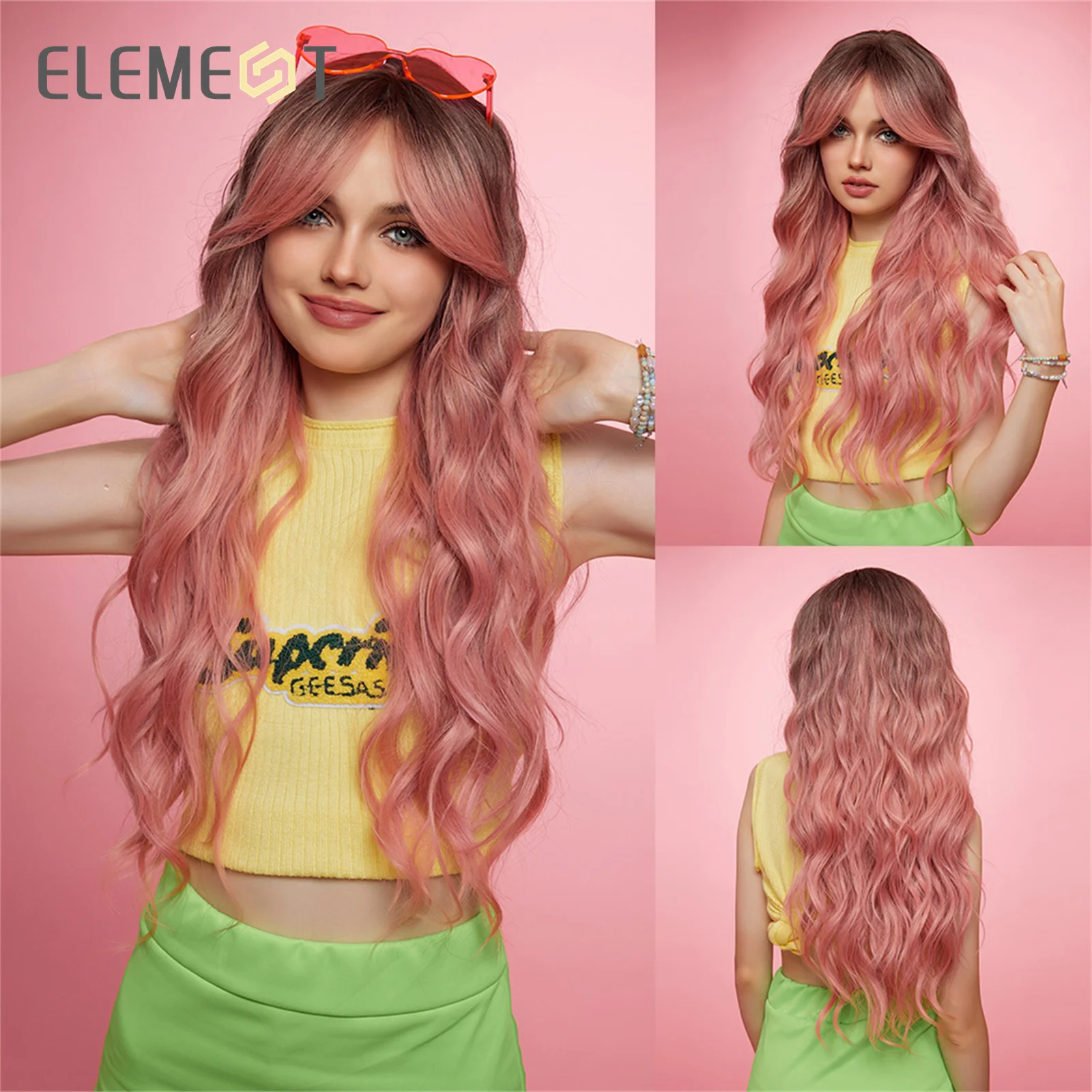 ELEMENT Classic Synthetic Long Wavy Curly Ombre Top Black to Pink Color Wigs for Women Ladies Heat Resistant Party Daily Use