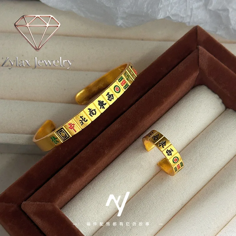 Zylax Jewelry Luxury 24K 9999 Pure Gold real gold Thirteen Bracelet Ring Enamel Open Mahjong Bracelet