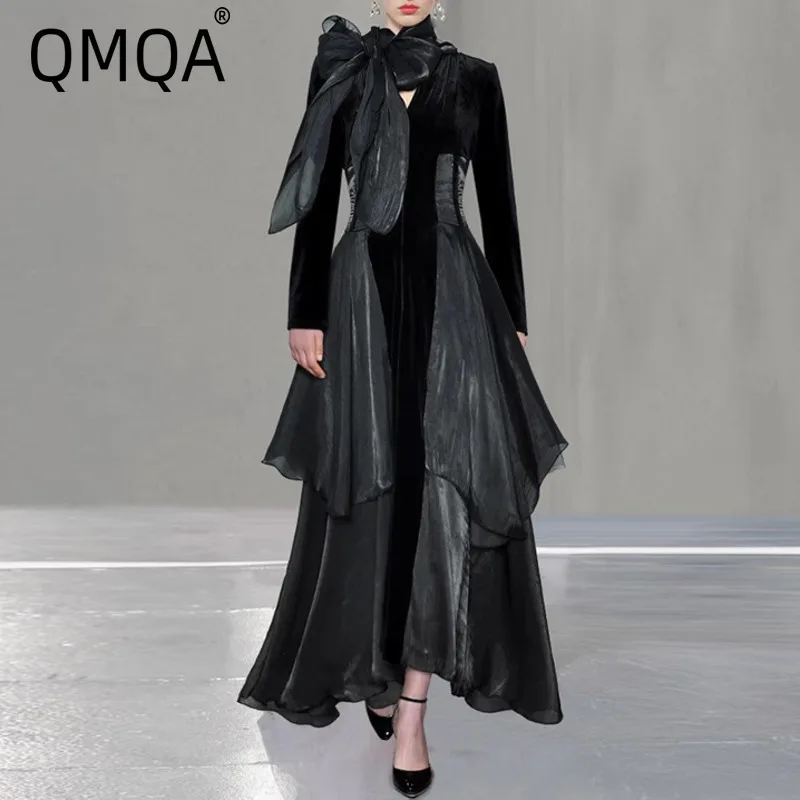 QMQA Fashion Women's Evening Dress Spliced Velvet V-neck Long Sleeved Ruffles With Ribbon Big Swing Party Dresses 2025 New 1A809