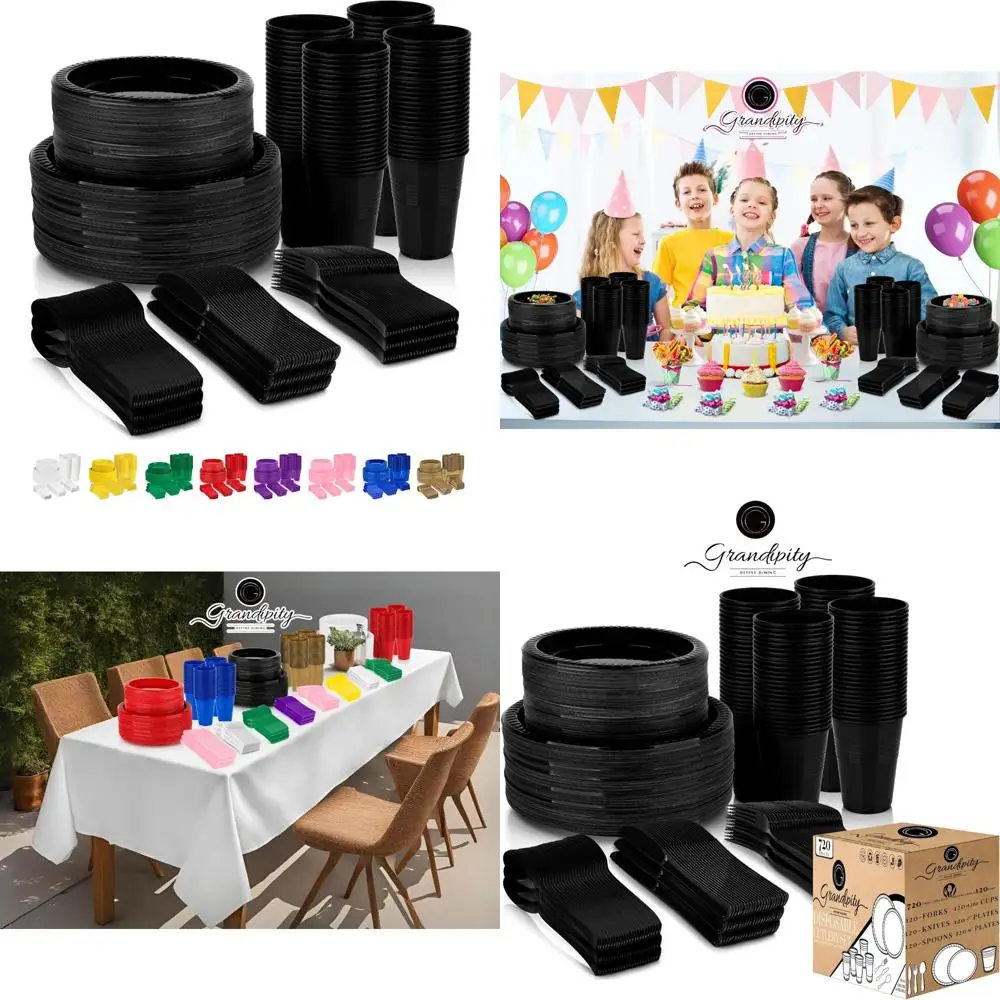 

Disposable Dinnerware Set for 120 Guests - 720-Piece Black Plastic Dinnerware with Plates and Cups