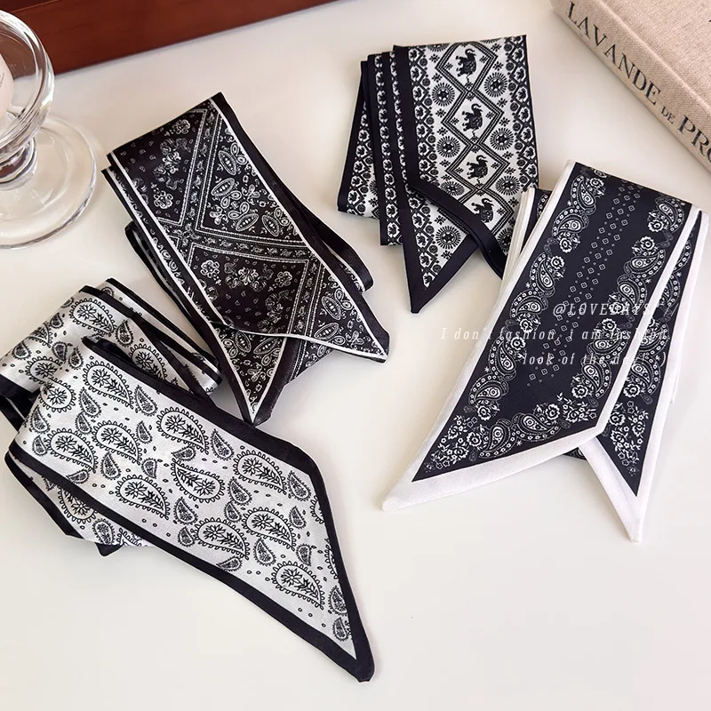 

Универсальный длинный черный шарф с принтом для женщин: пояс, шейный платок, обмотка для сумки, повязка для волос, многофункциональный модный аксессуар