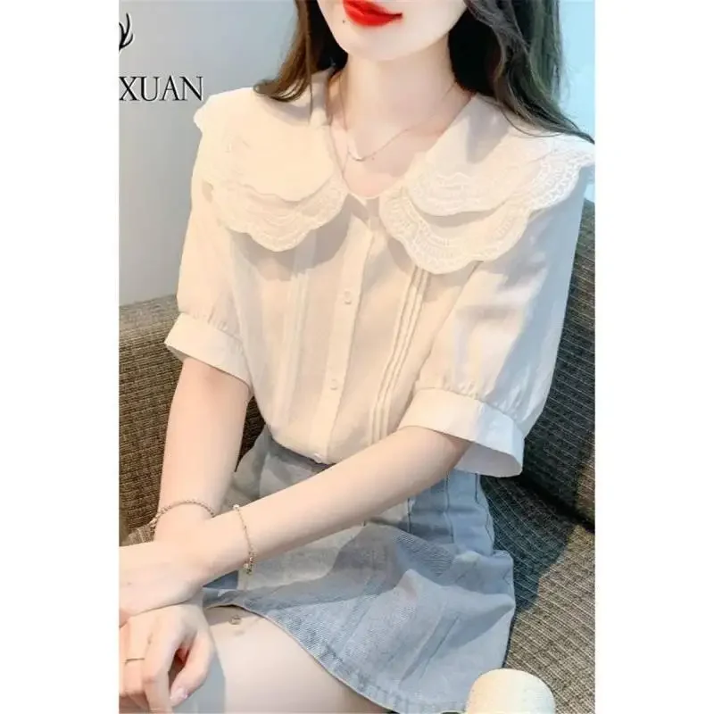 Camisa blanca dulce con cuello de muñeca de doble capa de estilo francés para mujer, Top de manga corta con nuevo diseño de verano, Color puro, otra decoración