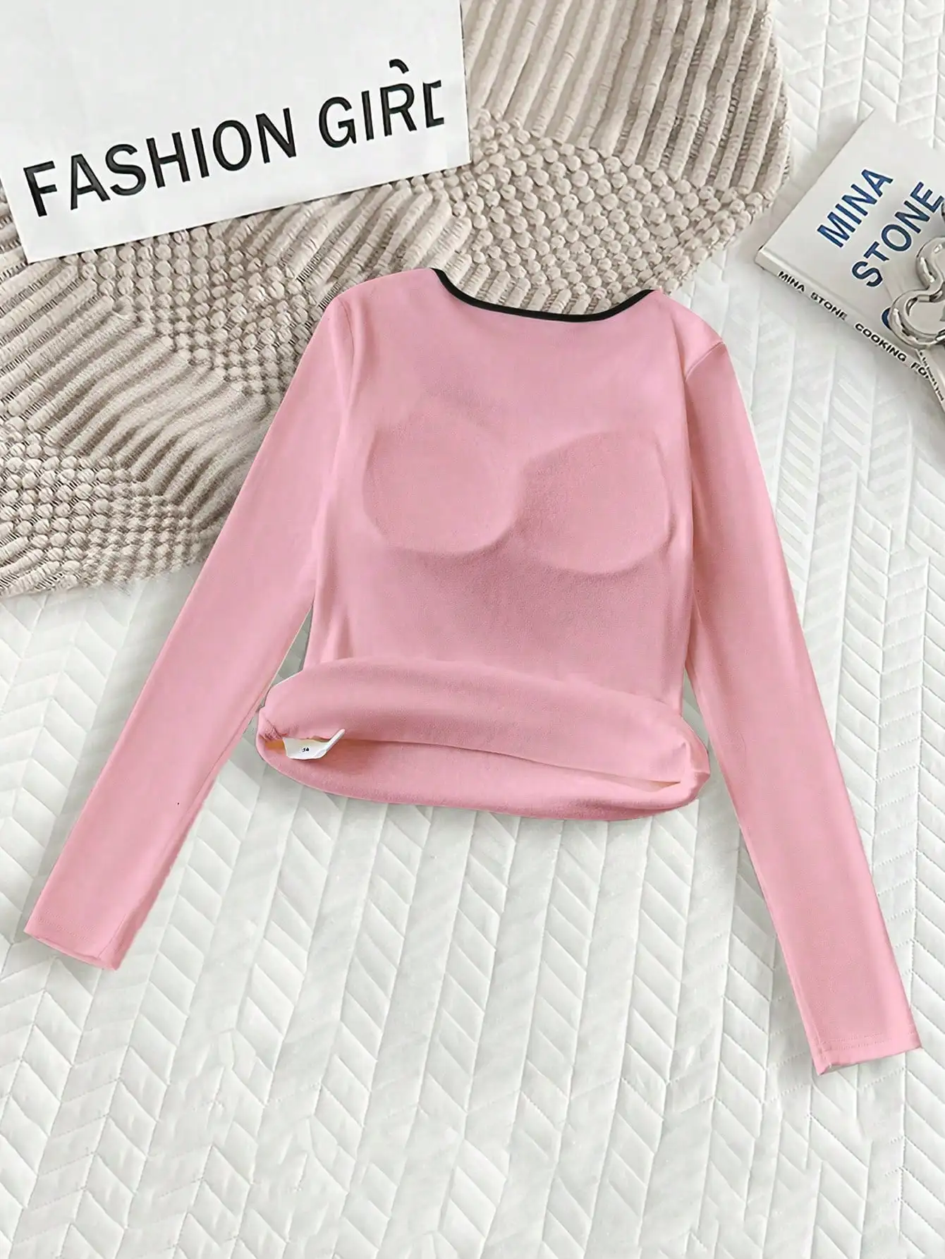 Women's Contrast Trim Square Neck Top, Casual Long Sleeve Form Fitting Blouse, Slim Solid Color T-Shirt For Ladies