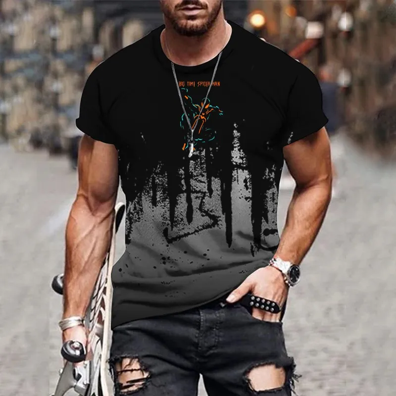 Trend gradient printing 2024 new casual loose short sleeved men\'s 3D digital printed T-shirt round neck loose fit