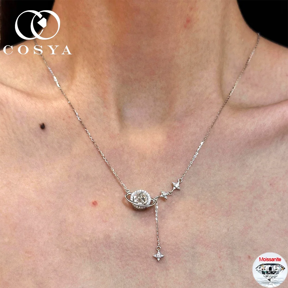 

COSYA 5mm 0.5CT Round Cut Moissanite Pendant Necklace For Women S925 Silver Lab Diamond Planet Star NeckChain Party Jewelry Gift