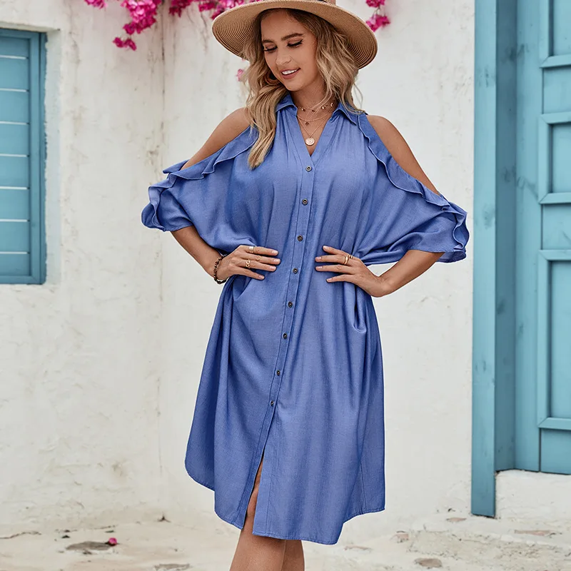 

Casual And Comfortabie Blue Dress Women V-neck Loose Waist Batwing Half Sleeve With Hollow Out Edible Tree Fungus Female Dresses