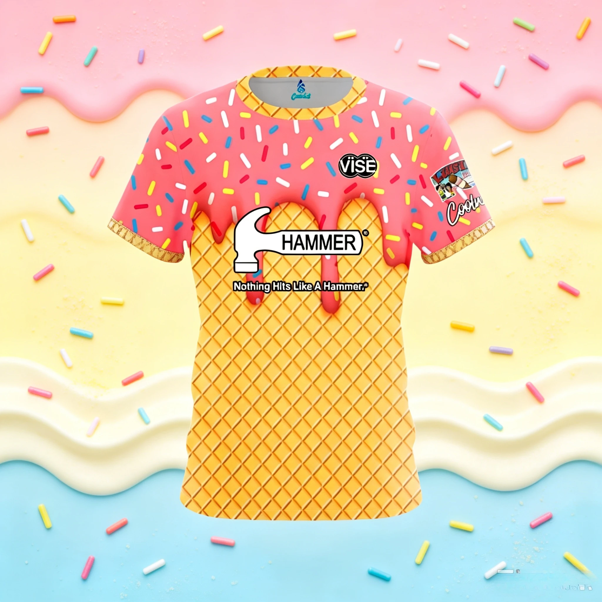 New Men Hammer Ice Cream Waffle Cone Split Print Bowling Jersey Short Sleeve Performance Sports Tee Fan Casual Streetwear Tops