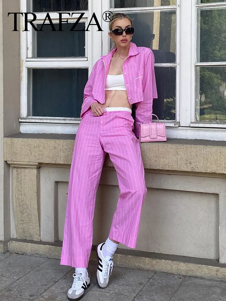 TRAFZA 2024 Female Street Fashion Pink Stripe Pant Suit Long Sleeves Lapel Cropped Blouse+Drawstring Patchwork Wide Leg Pants