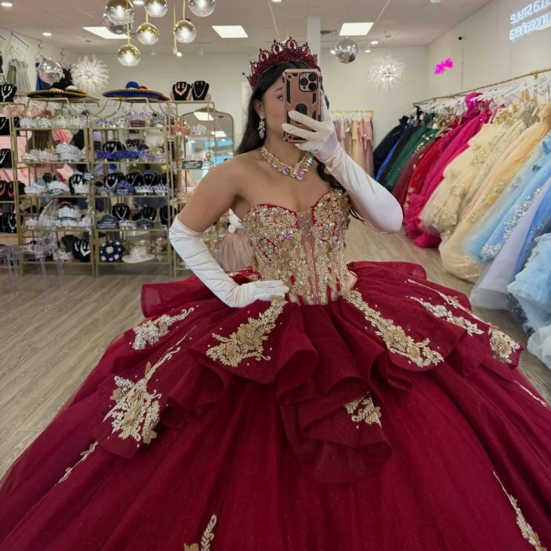 

Burgundy Quinceanera Dresses Off the Shoulder Golden Glitter 3D Flower Decal Long tail Bow Vestido 15 Quinceanera Customized