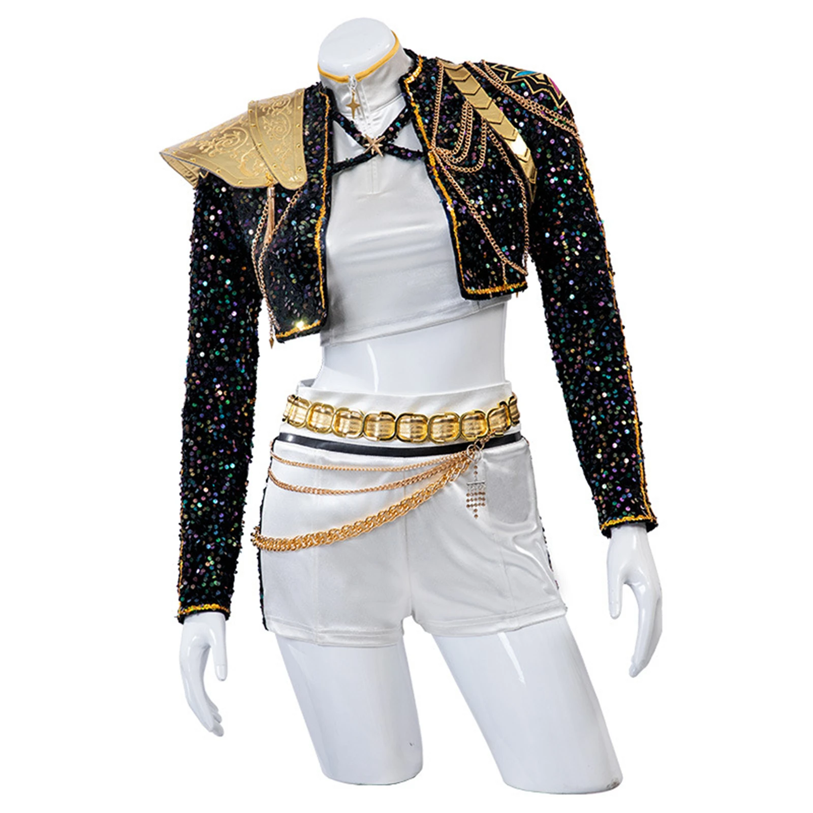 

Anime Demon Hunters Rumi Cosplay Costume Kpop Stage Performance Outfit Women Black Sequin jacket Set White Lace Shoes Halloween