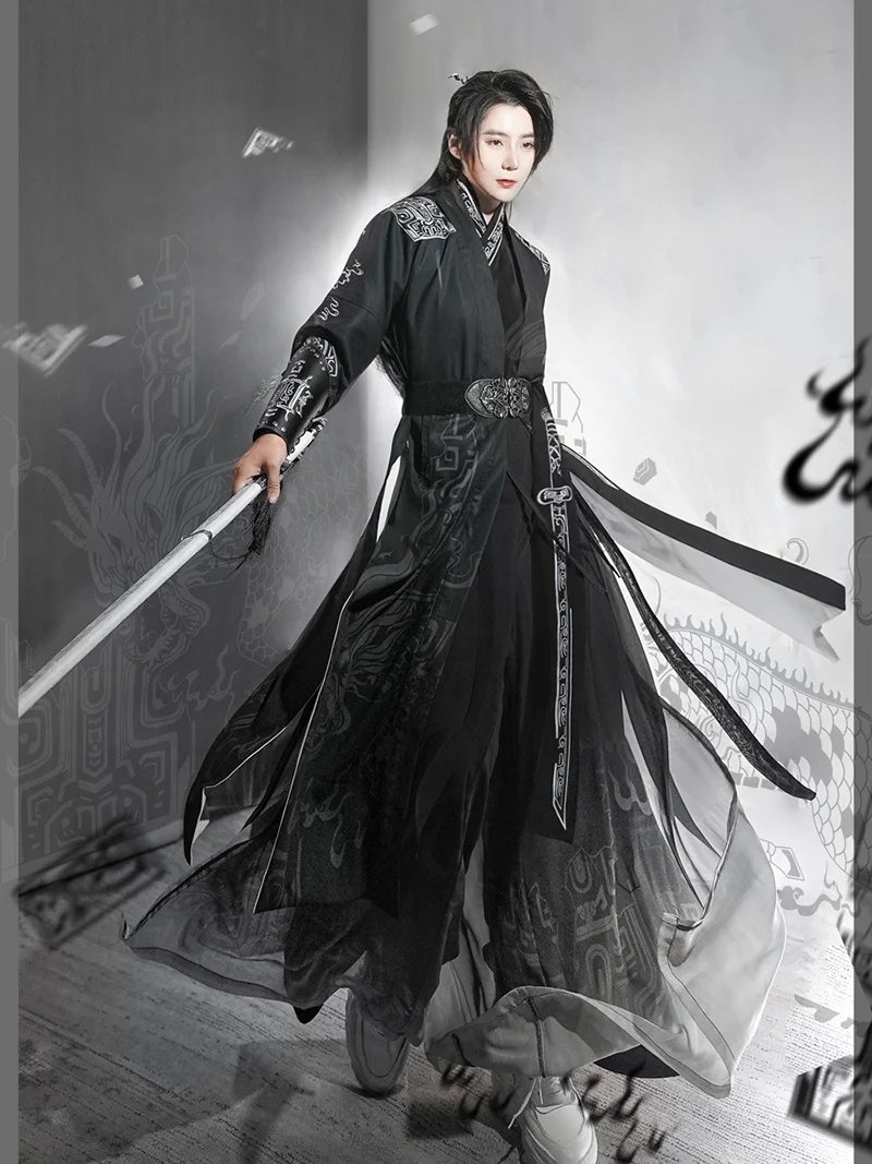 

Chinese Hanfu Suit Men Large Size 4XL Black Gradient Hanfu Shirt+Pants+Coat 3pcs Set Male Carnival Vintage Cosplay Costume 3XL