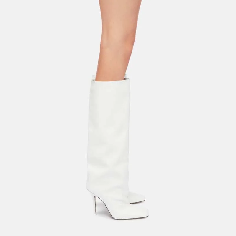 Arden Furtado Autumn 2024 White Square toe Super wysoki obcas szpilka czarne buty do kolan Duży rozmiar szerokie buty do łydki 44 45