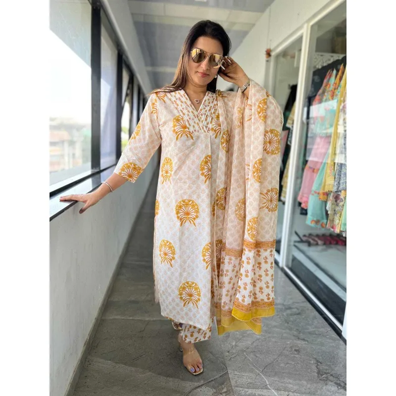 Baumwoll stoff Kurta Palazzo mit Dupatta Set Frauen Salwar Kameez Anzug Kurti Hose