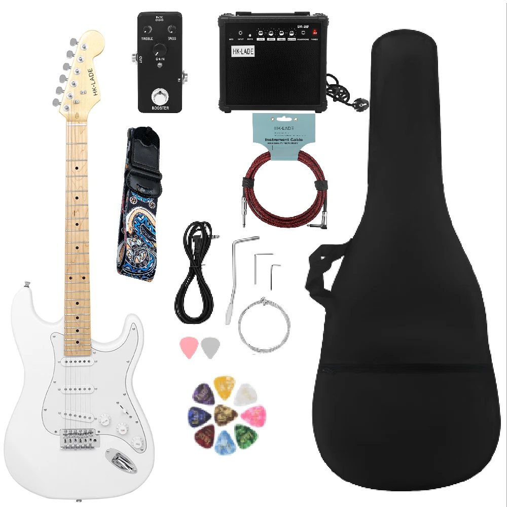 HK.LADE 6-String 39 Inch White Electric Guitar with 22 Frets Beginner-Friendly Trendy Rock Play Guitar Set for Campus Bands