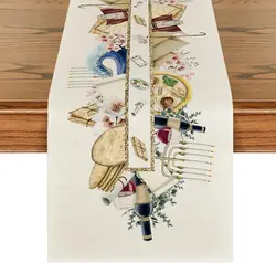 Passover Unleavened Bread Wine Linen Table Runner Jewish Holiday Decor Candelabra Kitchen Dining Table Runner Home Table Decor