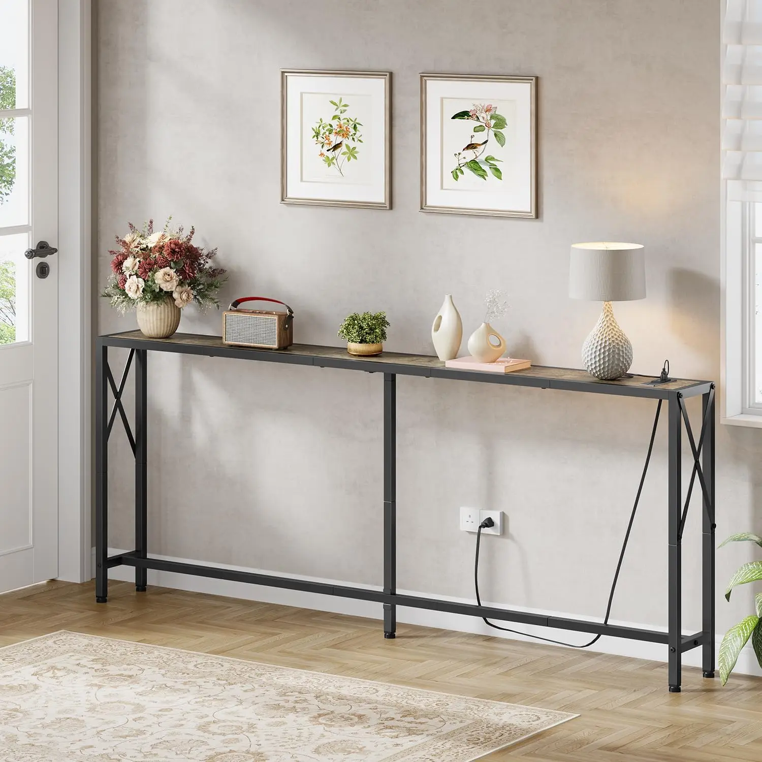 

70-дюймовые диванные столики, узкий длинный стол за диваном с роликами и USB-портами, промышленная длинная узкая подставка для прихожей, прихожей