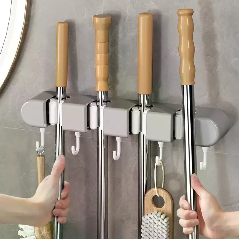 Wall Mounted Mop Holder Multi-Functional Hanger Shelf Home Kitchen Bathroom Storage Suction Hanging Pipe Traceless Hooks