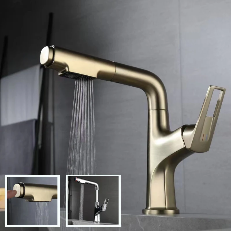 Bathroom Gold Basin Faucet Sink Mixer Tap Hot Cold Water Gourmet Kitchen Faucets With Pull Out Sprayer 360 Degree Gun Black Taps