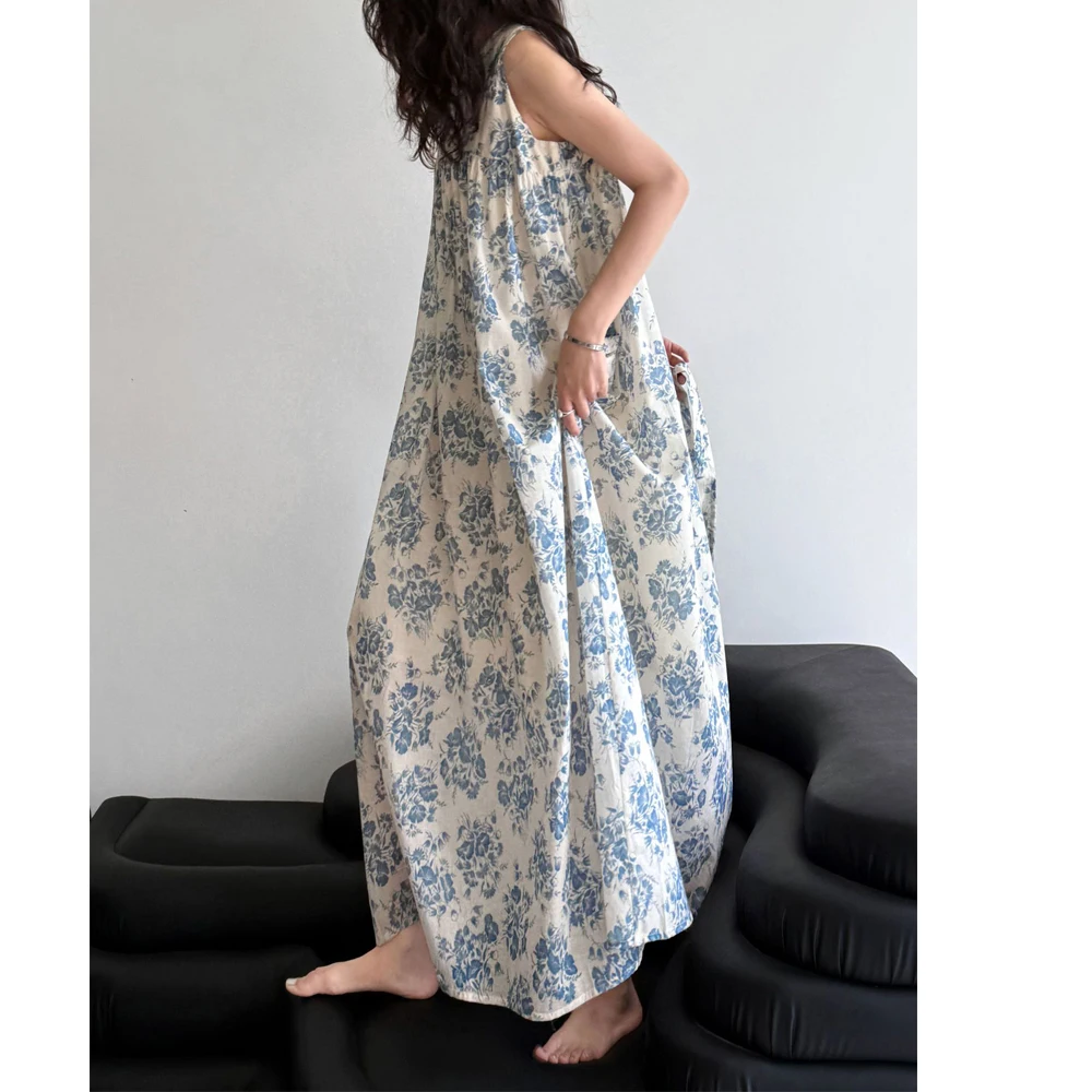 Abito lungo estivo da donna in cotone 100% con stampa floreale senza maniche stile ampio elegante abito Boho maxi abiti abiti da donna