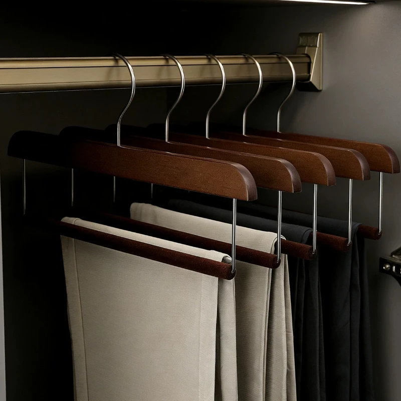 6Pcs Walnut Wood Skirt Trouser Hangers, Flocked Anti Slip Design with Metal Clip, Closet Storage Organizer for Pants