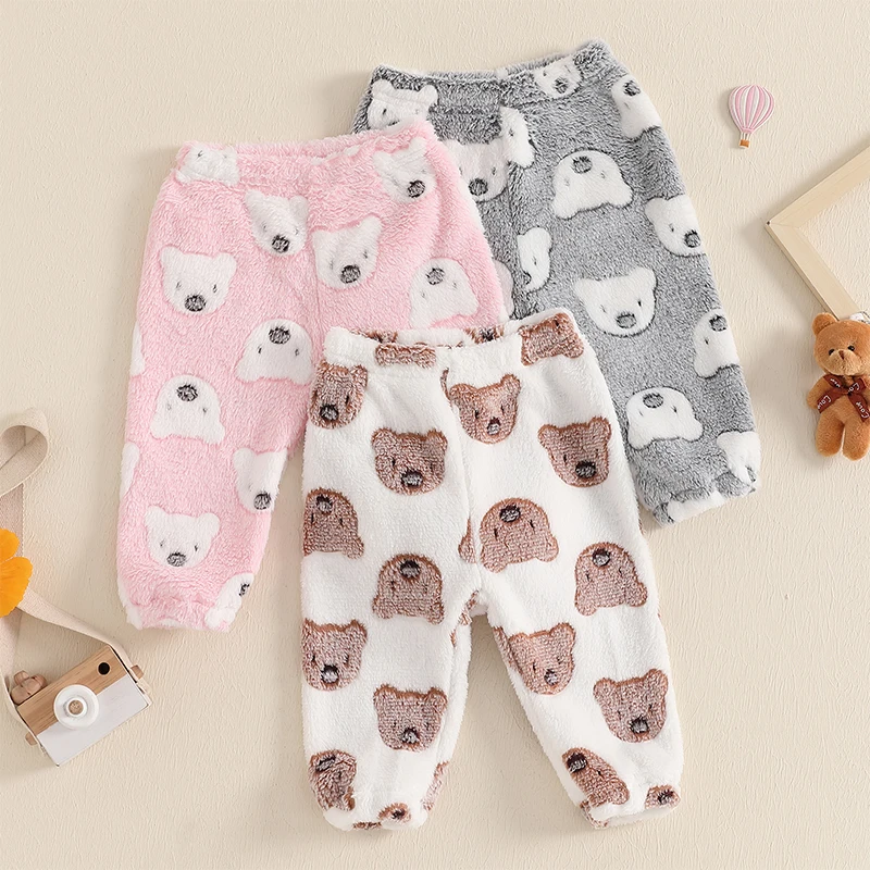 Baby Pajama Pants Elastic Waist Cartoon Bear Furry Warm Winter Lounge Pants Sleepwear