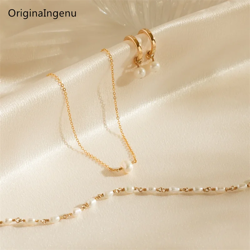 14K Gold Filled Pearl Jewelry Set Natural Freshwater Pearl Necklace  Pearl Bracelet Hoop Earrings Tarnish Resistant Jewelry Set