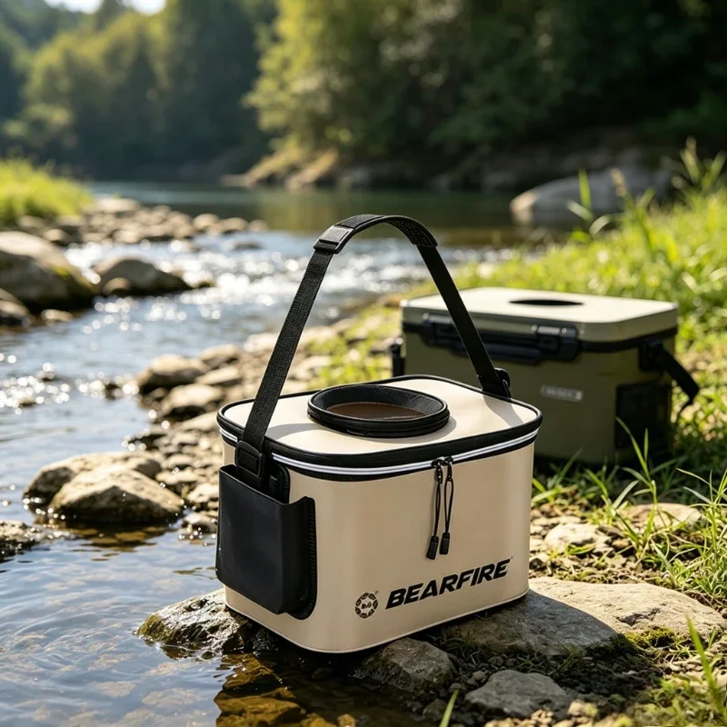 12L Collapsible Fishing Bucket with Shoulder Strap Side Pocket Waterproof Wear Resistant Live Fish Water Container 낚시 물통