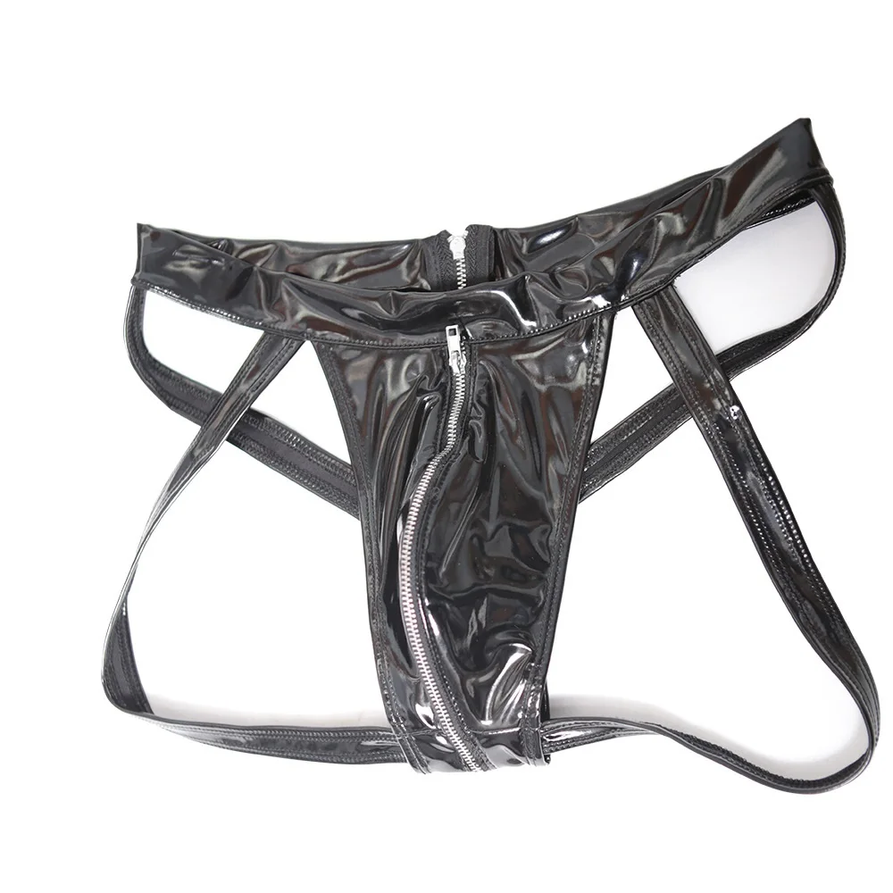 Men Sexy Briefs Customized Faux Leather T Shorts Strapes Full Zip Crotch Black Stylish