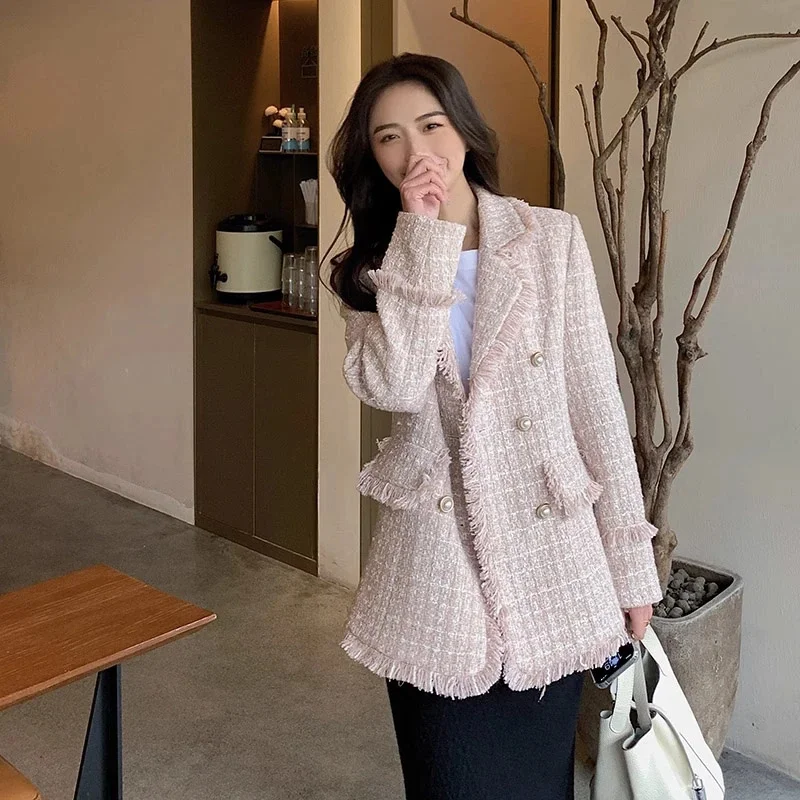 2026 Blue Small Fragrant Style Suit Jacket Women's Spring Autumn New Good-looking Burr Thousand Bird Grid Suit Outerwear